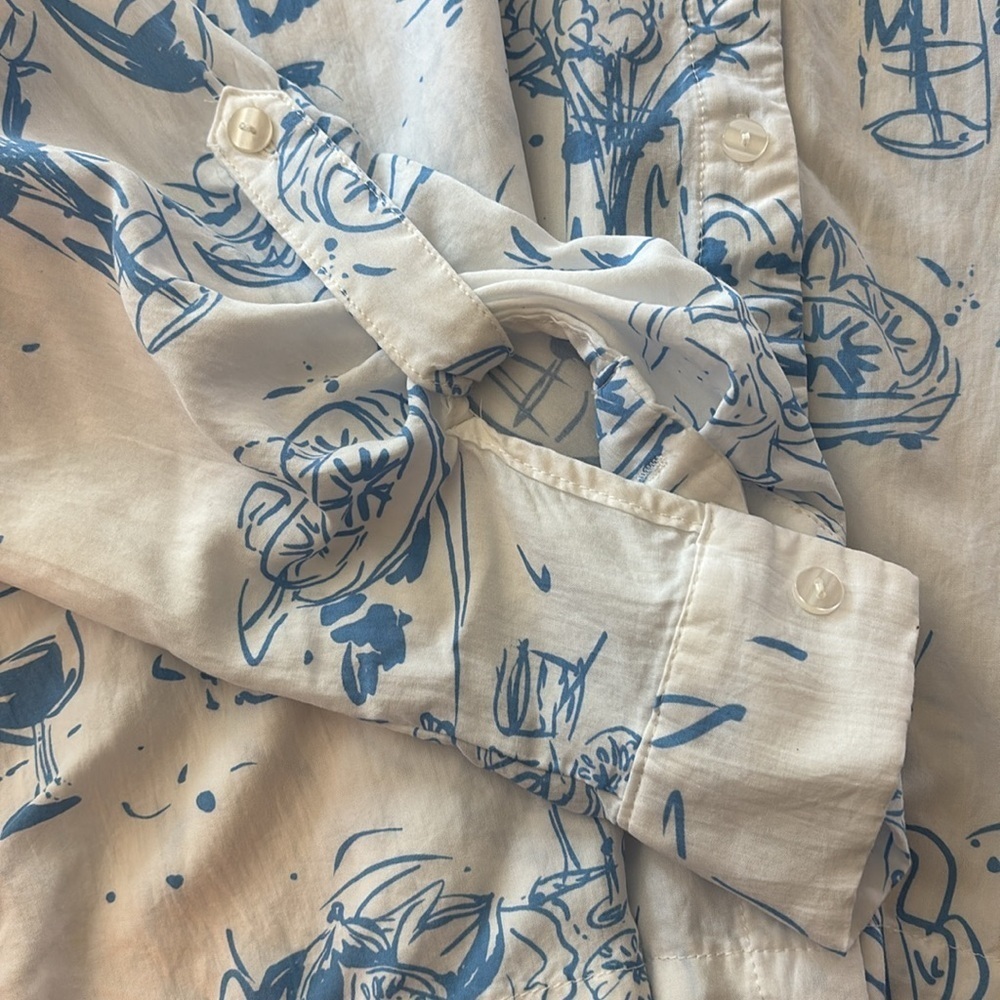Jane + Delancey Blue/White Bistro Print Button Down Shirt Size XL - Picture 4 of 5